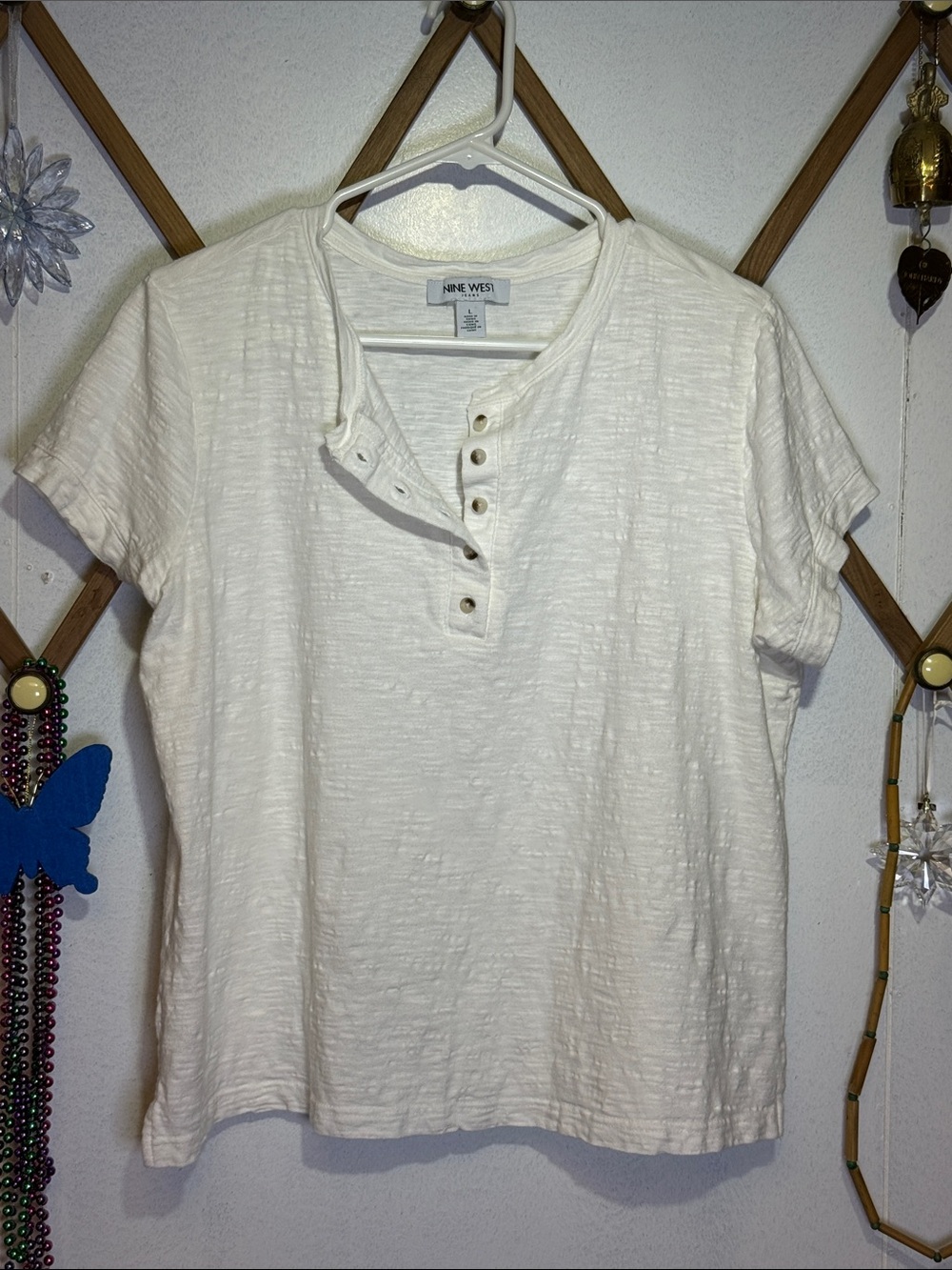 Nine West Cream Short Sleeve Henley Tee